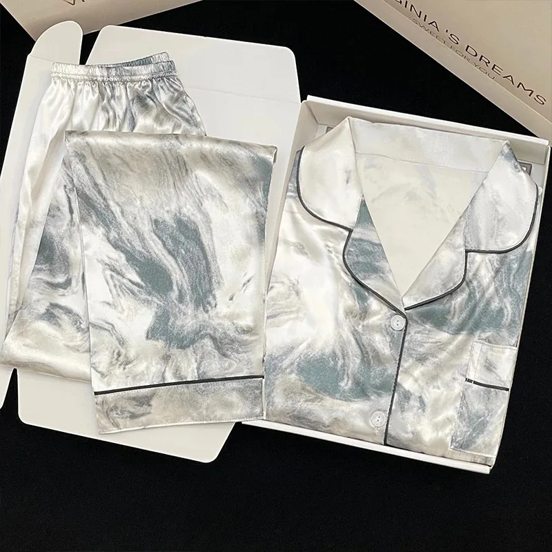 Pajamas Women's Satin Long-sleeved Pajamas Pajamas Suit Flower Printed High-grade Ice Silk Can Be Worn Outside Home Wear Pajamas