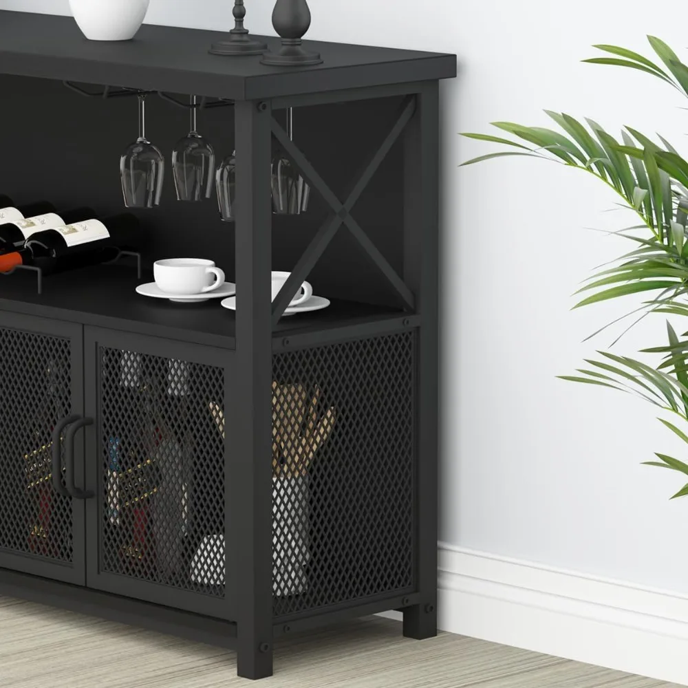 Gabinete de barra de café negro, gabinete de licores moderno para licores y vasos, aparador de cocina, gabinete de Buffet con estante para vino