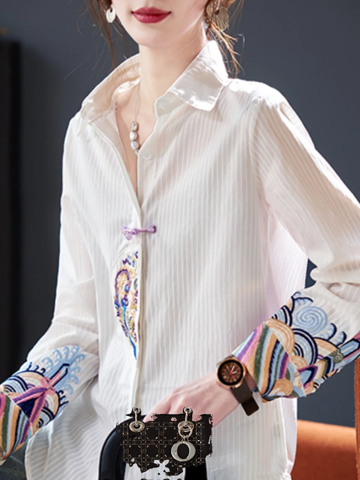 

Ele Embroidered Long Sve irt Women's Loose Fit Striped White irt Commute Sle Korean Version Pure Cotton Button D...
