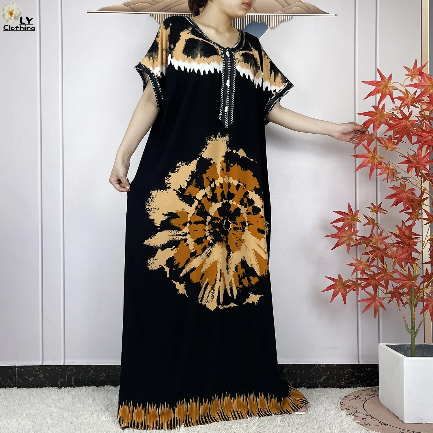 Latest African Muslim Femme Clothing Summer Short Sleeve Elegant Dress Fashion Floral Loose Boubou Maxi Islam Women Casual Dress