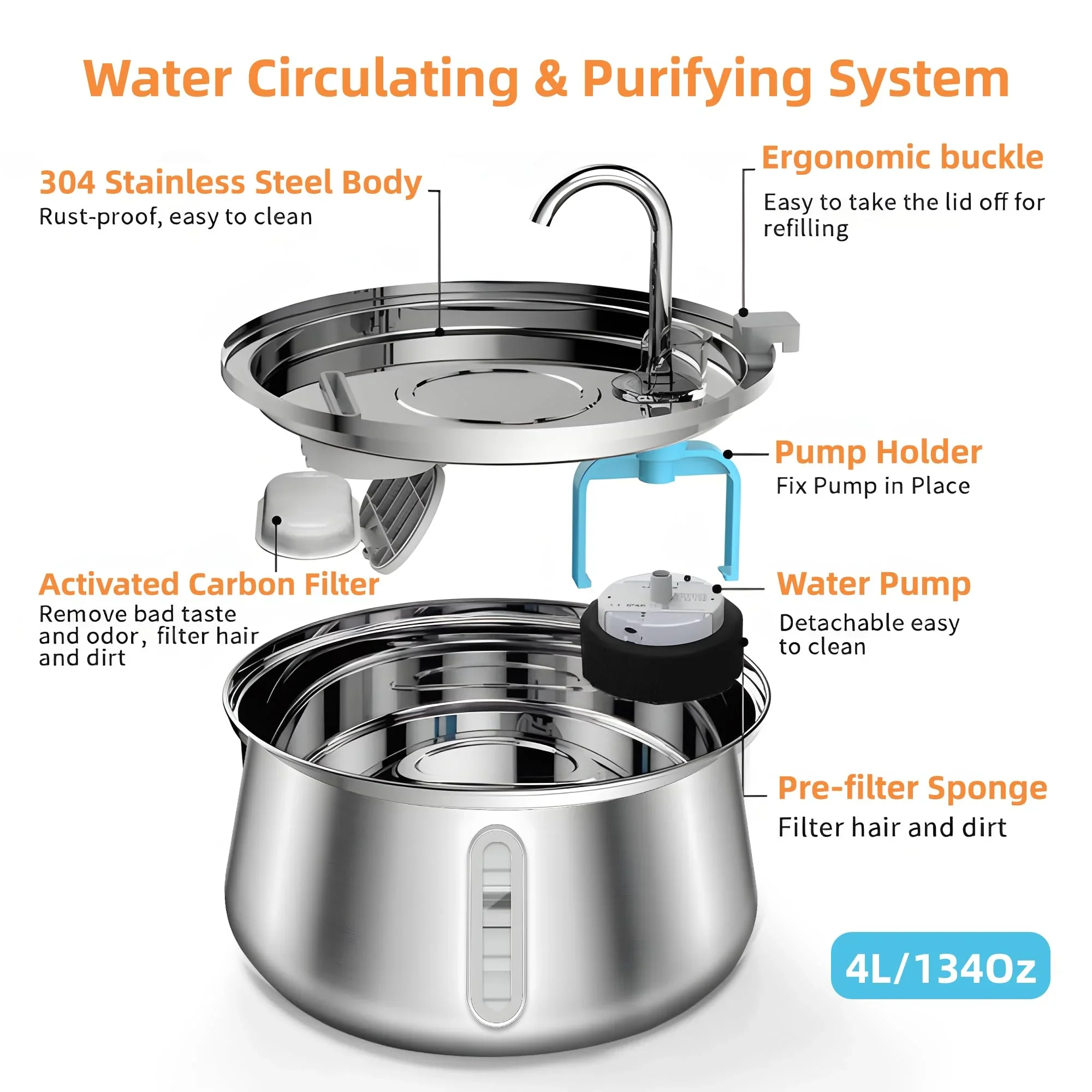 4L Stainless Dog Automatic Water Fountain Pet Water Fountain Multi-filter Cat Fountain Small and Medium Dog Water Feeder