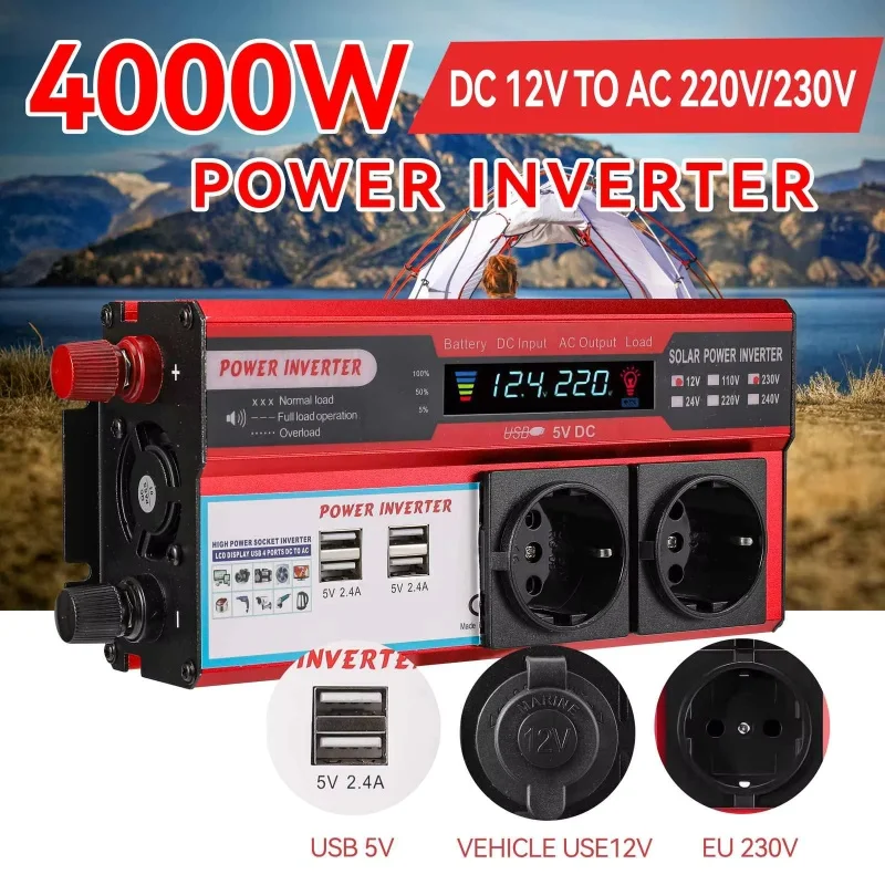 4000-W-Wechselrichter mit reiner Sinuswelle, 12 V auf 220 V/230 V, 50/60 Hz, Transformator mit 4 USB-EU-Steckdosen zum Aufladen und LED-Anzeigebildschirm
