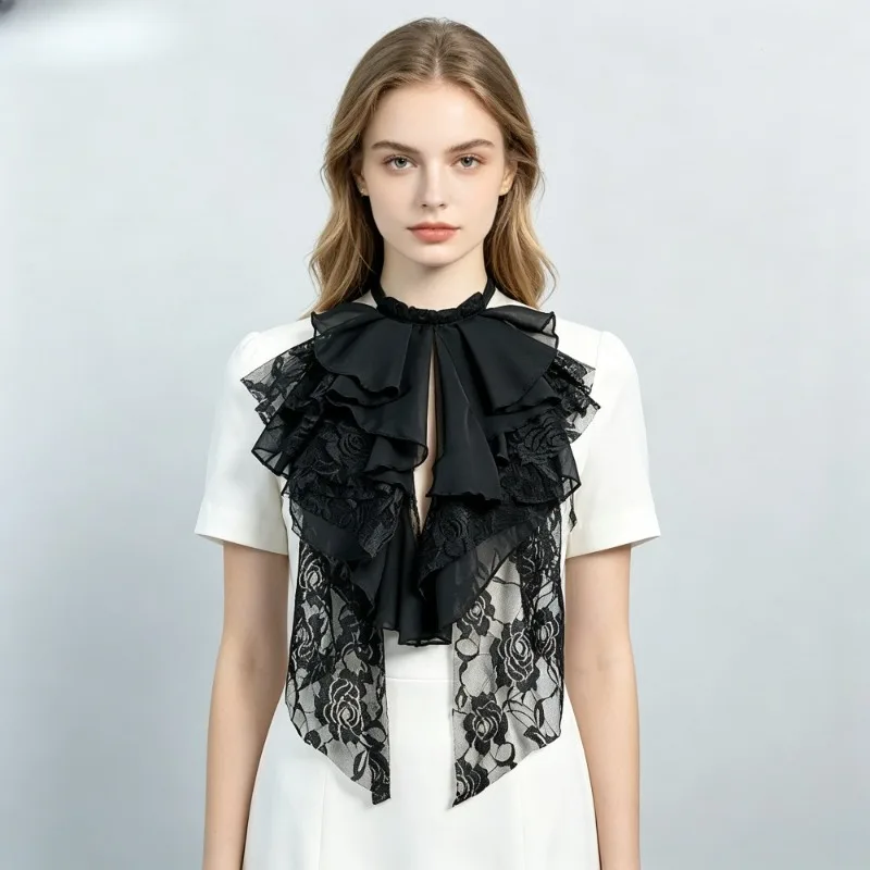 Halloween Cos Accessory Chiffon Ruffle Fake Collar Adjustable Renaissance Jabot Collar Vintage Costume Neck Decor