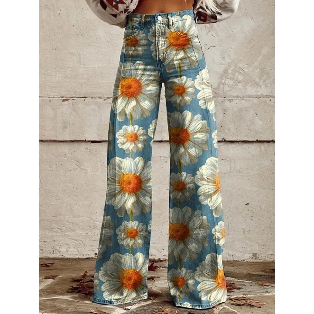 Vintage Paisley Blumenmuster Hohe Taille Weite Hose Sexy Damenhose 100% Baumwolle Lässige Lockere Hose mit Taschen XXS-3XL – Detail 14