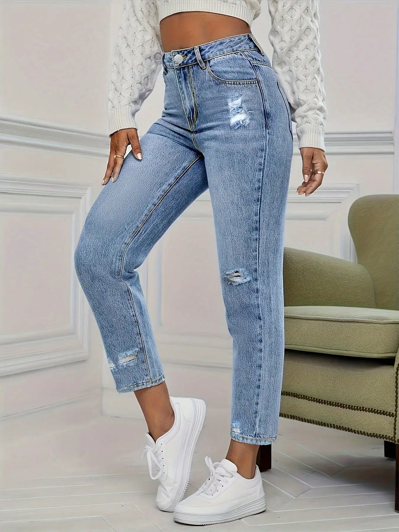 Women's High  Waisted Distressed Jeans 2025 Trendy Ripped Design Stretch Denim Button  Front Ankle  Length Pants