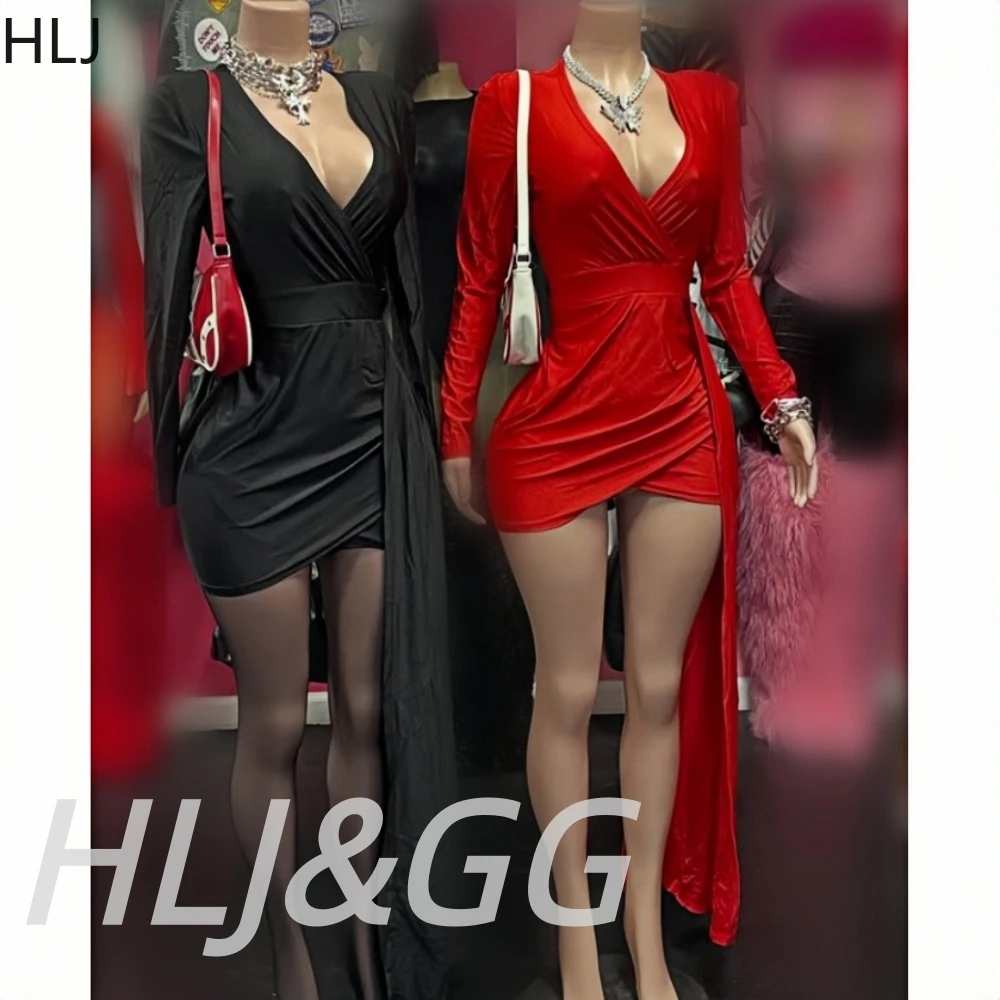 

HLJ Sexy Solid Tassel Ruched Irregular Bodycon Mini Dresses Women Deep V Long Sleeve Slim Vestidos Spring New Party Club Dress