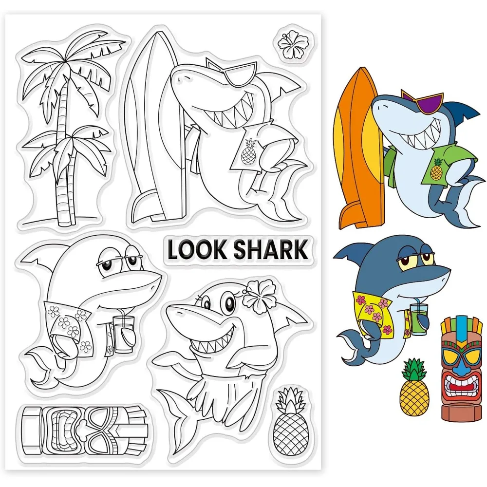 1Sheet Hawaiian Shark Clear Stamp Coconut Trees Transparent Silicone Stamp Summer and Tropical Fruits Clear Stamp for