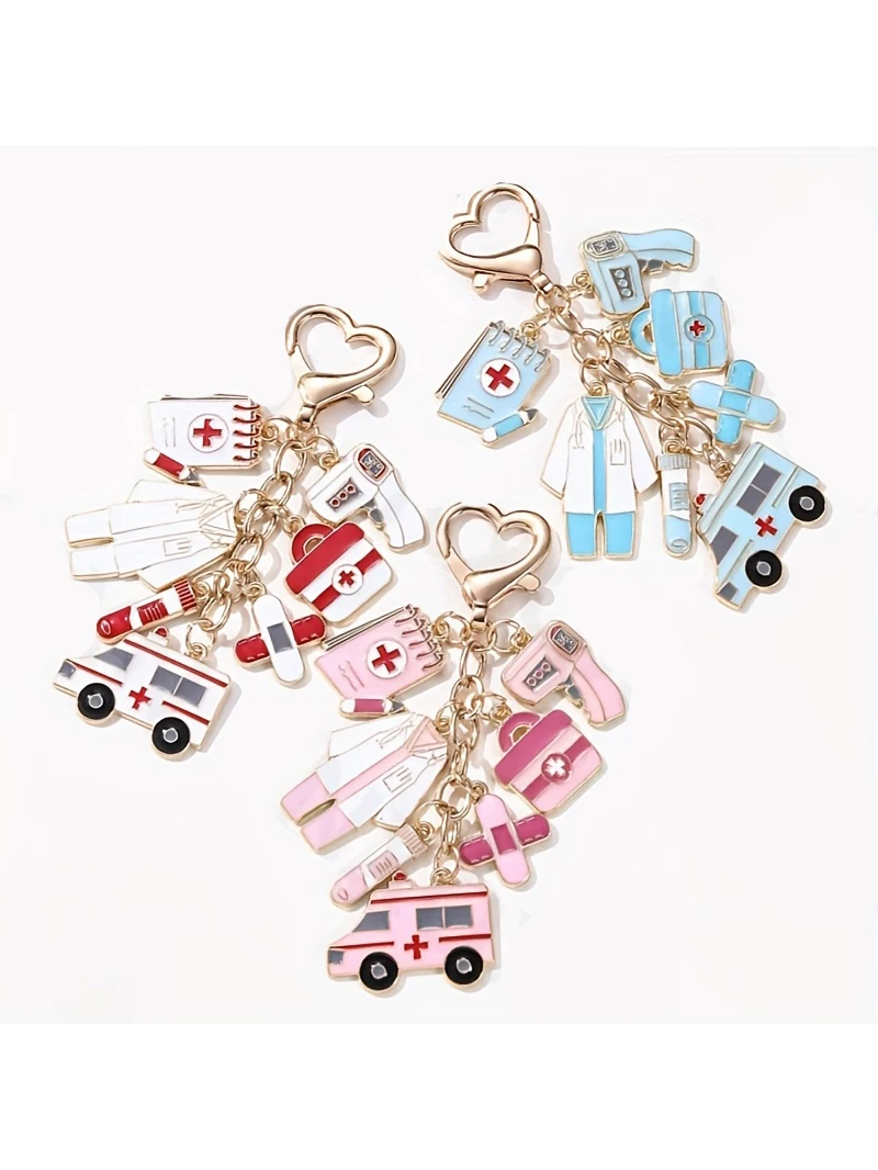 Cartoon Cute Ambulance Enamel Keychain for Women Men Doctor Nurse DIY decoration