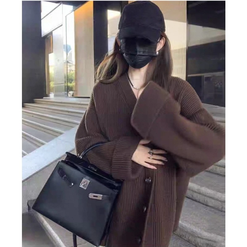 V-neck Single Breasted Simple Retro Solid Color Loose Fit Women's Knitted Cardigan Autumn and Winter Versatile New Sweater Coat