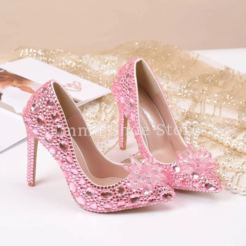 

Spring Elegant Pointed Crystal Pumps Stiletto Heels Diamond Bling Wedding Shoes 2025 Women's High Heels Banquet Dress Shoes