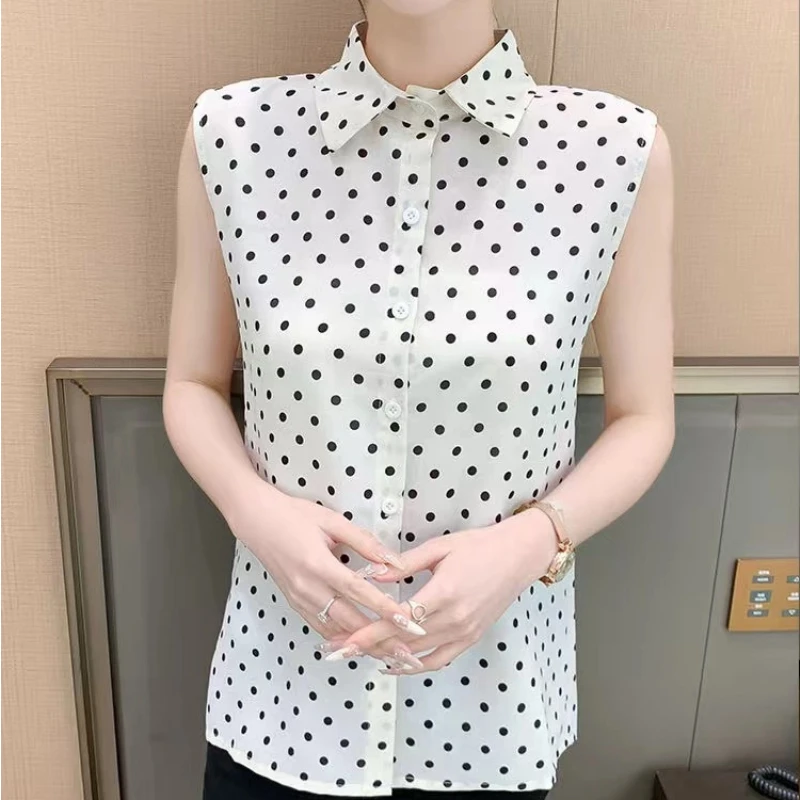 

Trend Dot Sleeveless Polo Neck All-match Office Shirt Tops Summer New Print Loose Vintage Blouse Elegant Fashion Women Clothing