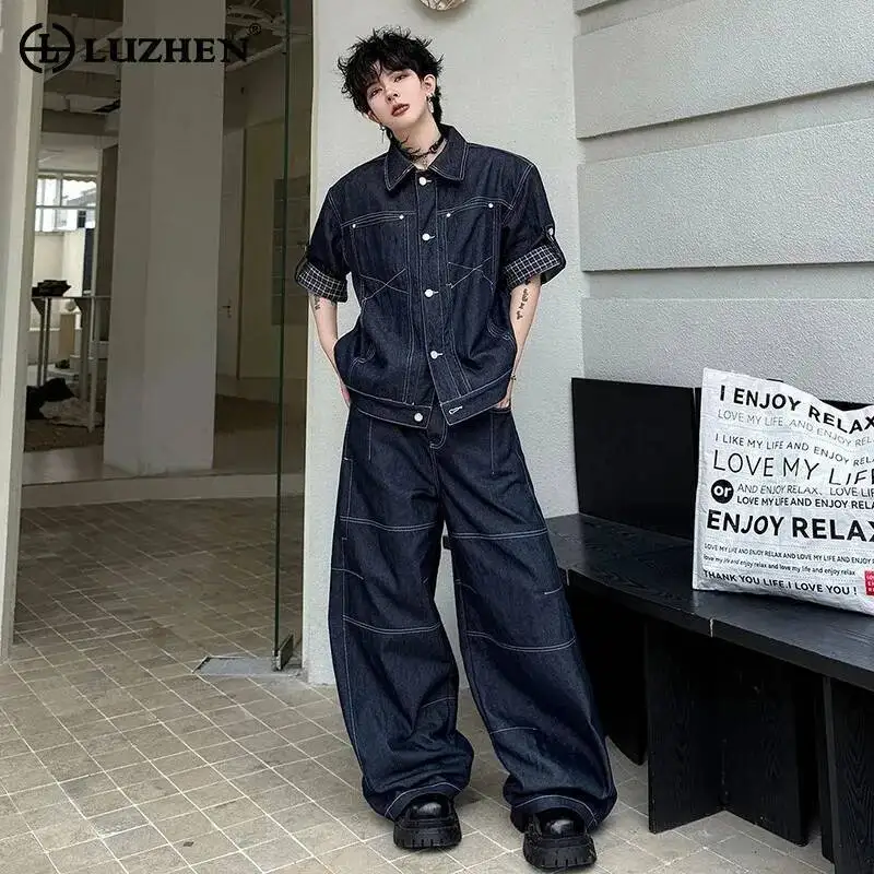 

LUZHEN 2026 Summer Original Stripe Outline Denim Two-piece Sets Men's Fashion Baggy Wide Leg Jeans And Short Sleeve Shirt JY6872