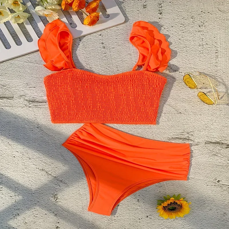 Ruffle Pure Color Sexy Backless Pleated Bikini Women's Swimsuit Two-Piece Swimwear Tight-Fitting Gathered Baseini Set