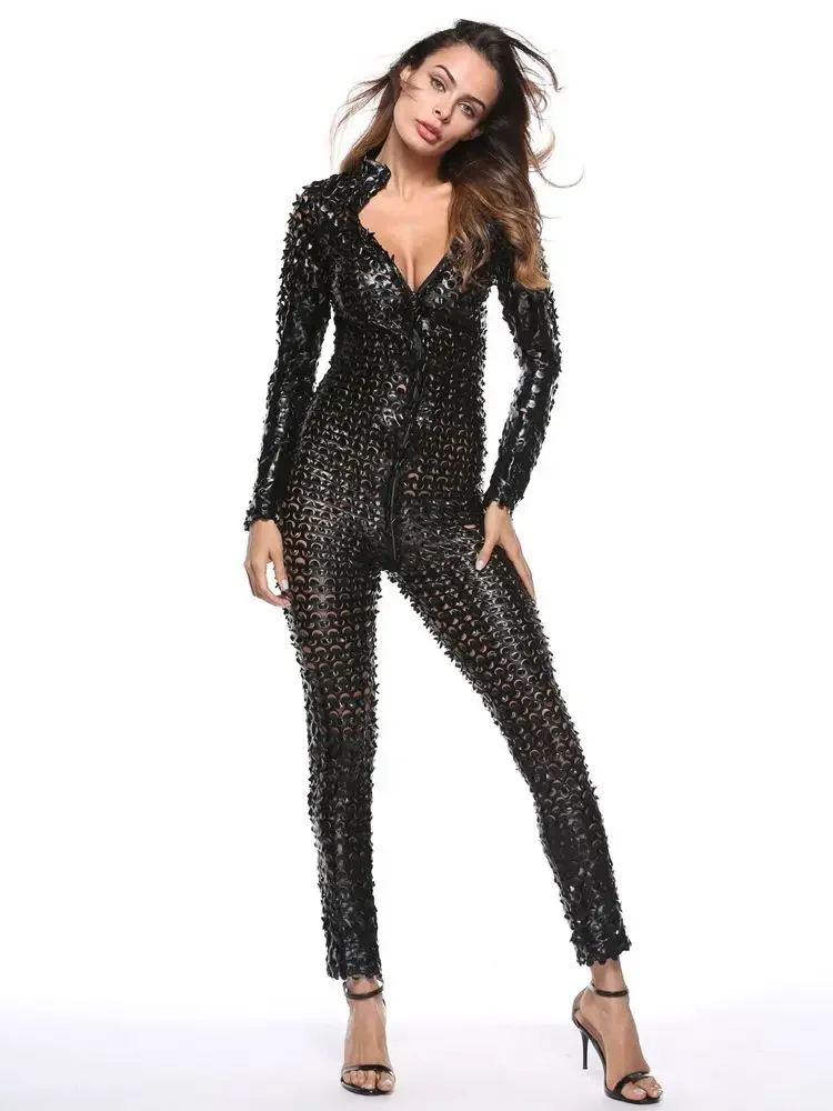 Catsuit de cuero PU brillante con aspecto húmedo, escamas de pescado, mono calado de manga larga con cremallera y entrepierna abierta, mono ajustado Sexy para discoteca