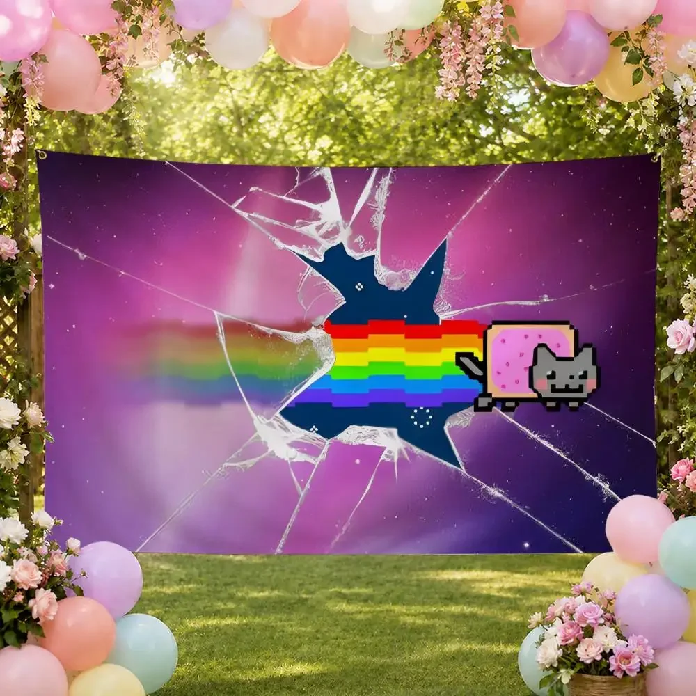Cute Meme N-Nyan Cat Flags Fan Banner Tapestry Wall Hanging Garage BarDorm Camp Party Outdoor Home Decor Gift