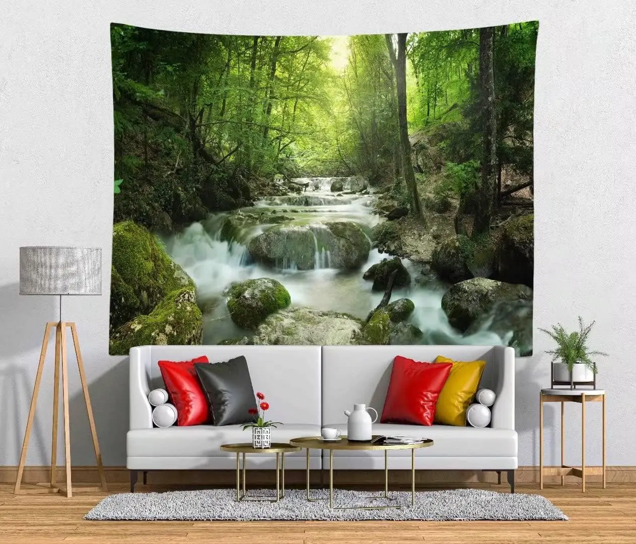 Green Forest Tapestry Backdrop Small Waterfall Wall Tapestry Natural Scenery River Stream Wall Hanging Forest Landscape