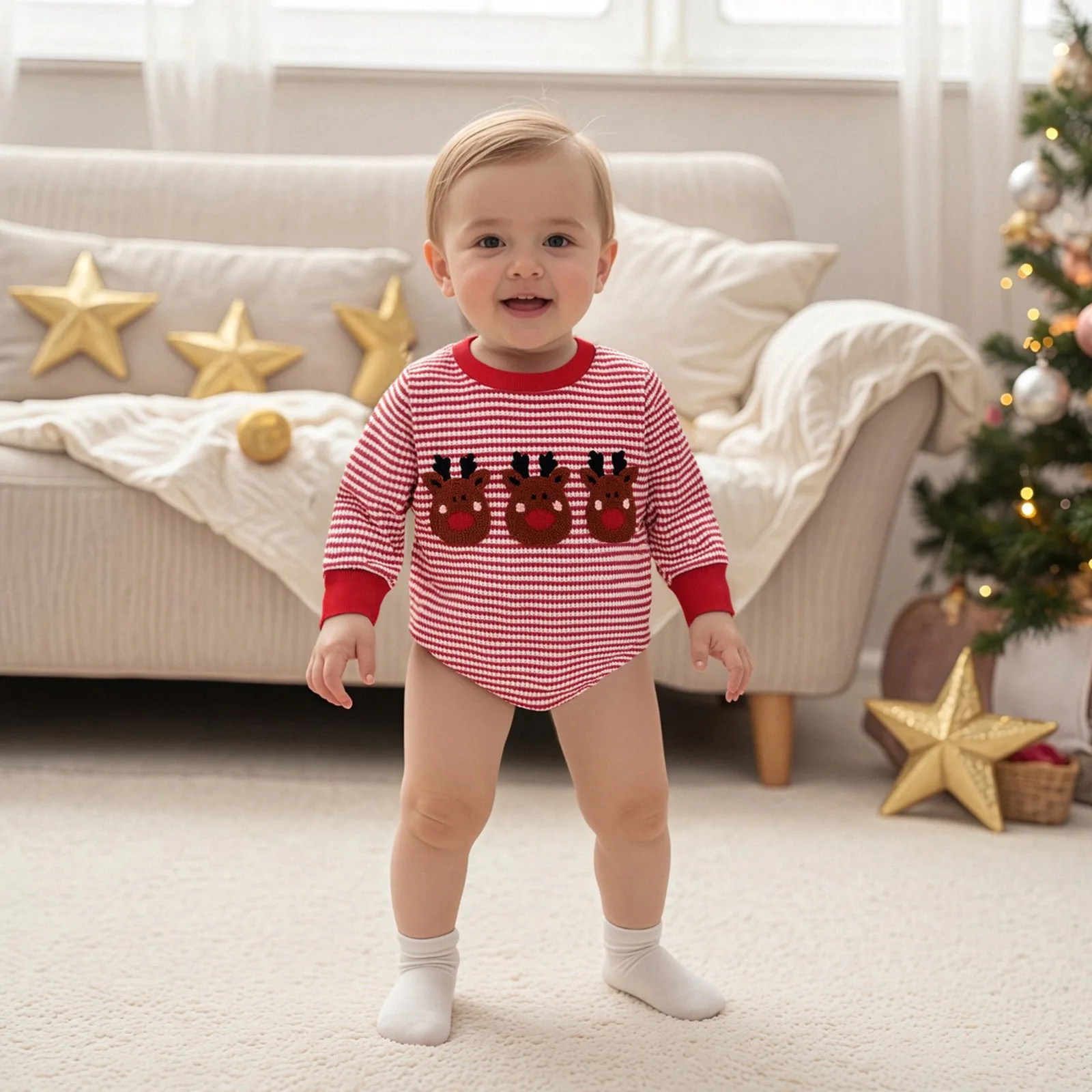 2026 السنة الجديدة عيد الميلاد طفل الفتيان بلوزات السروال القصير ملابس عيد الميلاد الغزلان التطريز شريط طويل الأكمام الخريف داخلية حللا