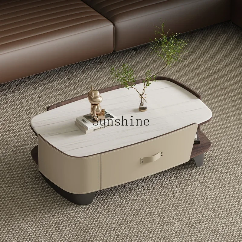 

Italian minimalist saddle leather coffee table high-end microcrystalline stone tea table