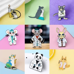 Catuni Cute Chemistry Biology Enamel Animal Brooch Pin Mouse Cat Rabbit Panda Science Lanyard Lapel Badge Accessories Gifts for