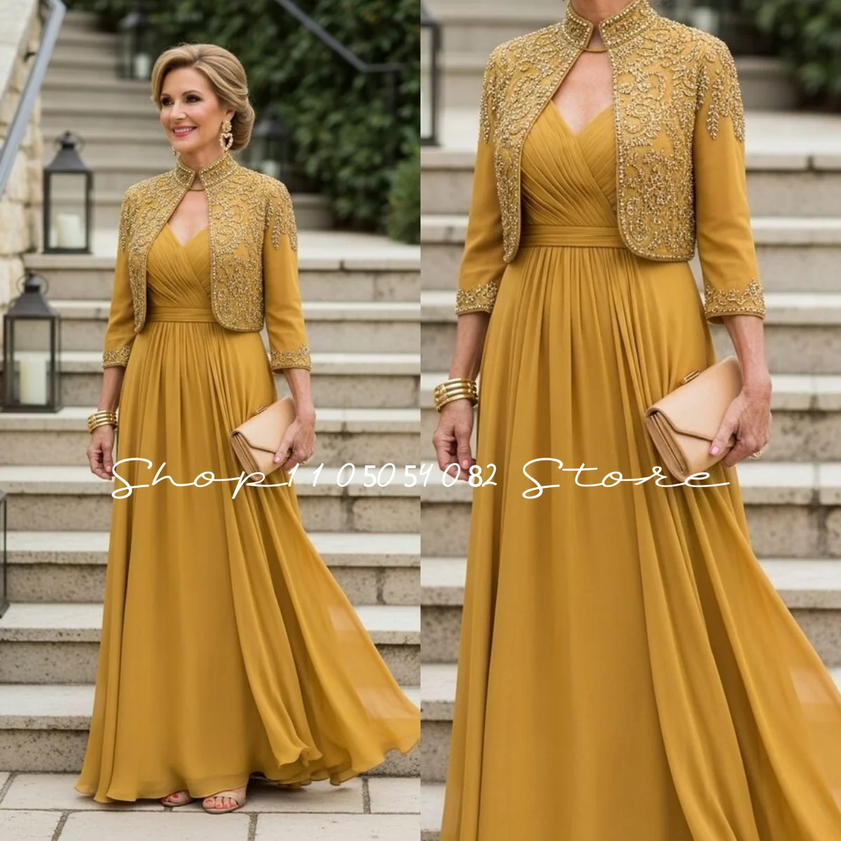 Buttercup Yellow Elegant Mother-of-the-Bride Dress With Jacket Beaded Embroidered A-line Mother-of-the-Groom Dress Customized