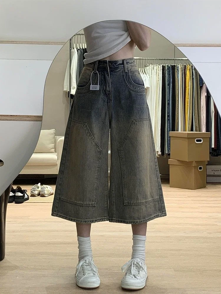 

Retro Faded Wide Leg Denim Jeans High Waist Loose Fit Small Size Straight Cut mid Length Pants for Women Spring Summer New Ar...