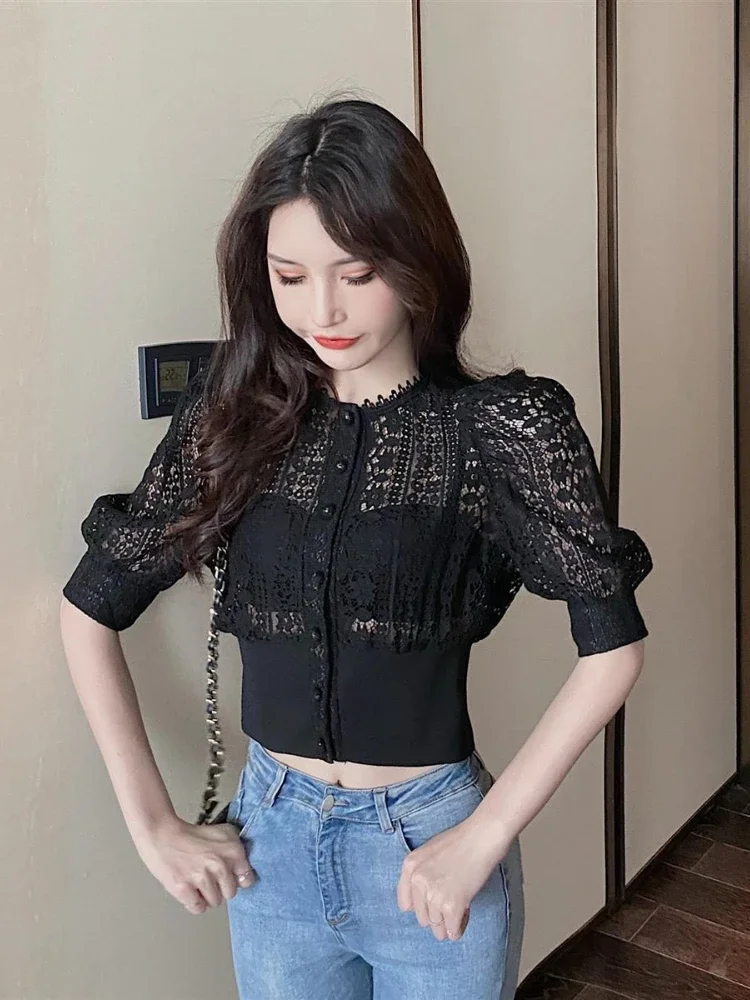 Sweet Crochet Top Blouse Women Sexy Hollow Out Shirt Vintage Puff Sleeve Korean  Shirts Fashion Chic Tops Blusas