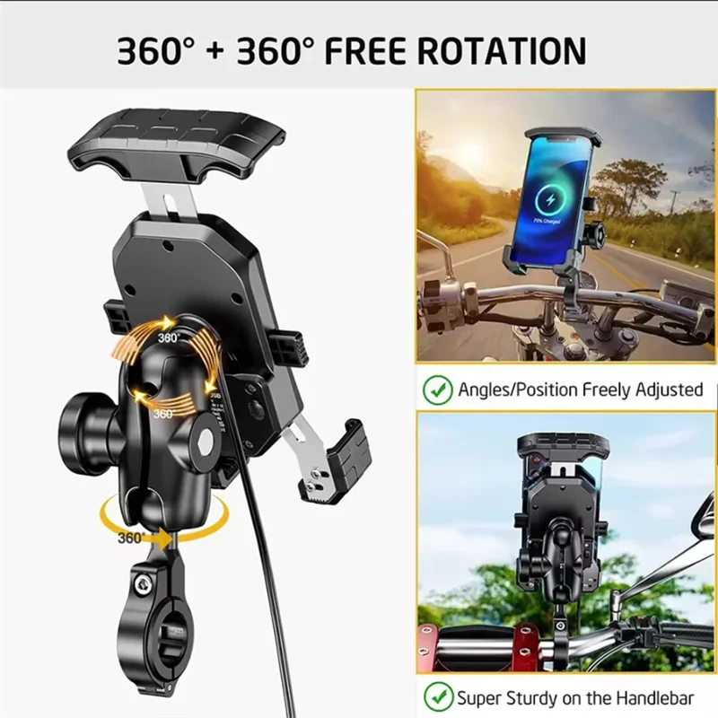 

Aluminium Motorcycle Phone Holder Anti-Theft Metal Bike Cellphone Mount With 15W Wireless & USB C 20W Fast Charge-ABQA