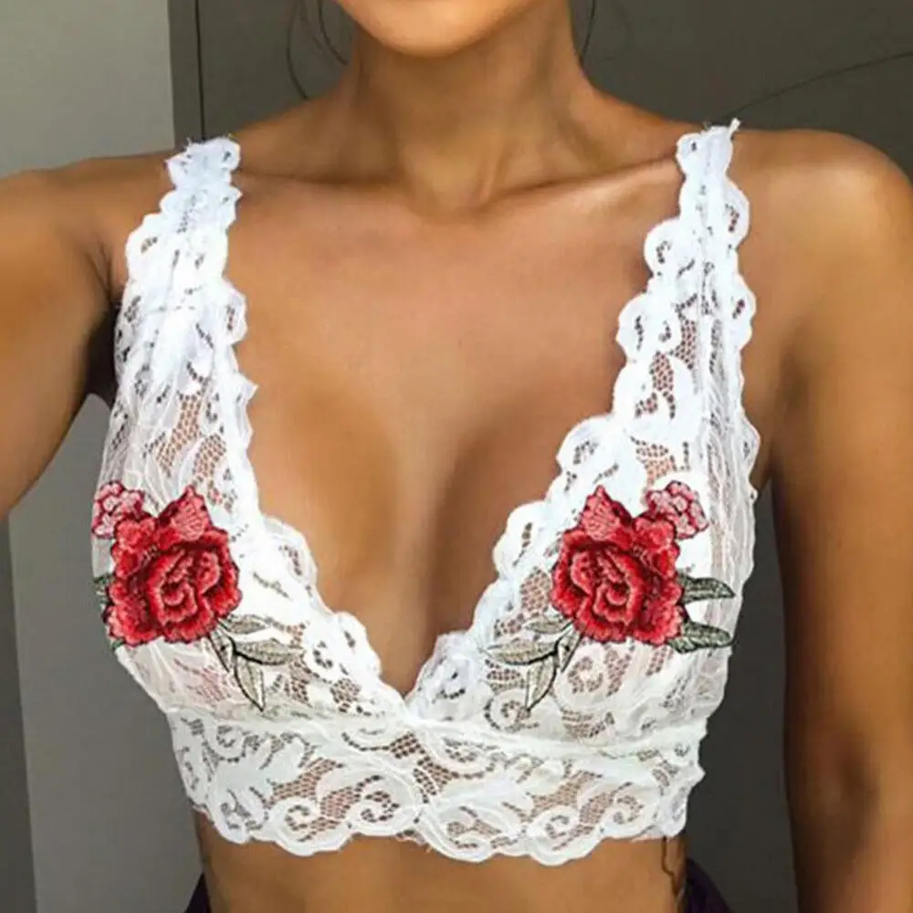 Women Sexy Lace Bra Rose Embroidery Underwear Deep V Hot Erotic Underwear Hollow Lingerie Seamless Bralette Crop Top Sensual