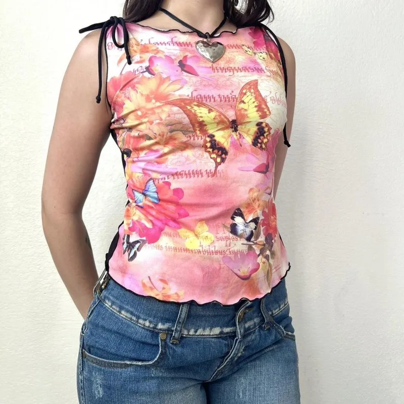 Oshfall European and American Hot Girls 2024 Summer New Sleeveless Lace-Up Butterfly Print Slim Women's Small Vest Top
