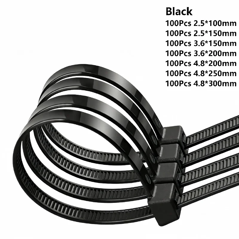 100Pcs 4.8*200mm Nylon Self-Locking Cable Ties Black White Heavy Duty Waterproof Zip Wraps for Home Industrial Automotive Wiring
