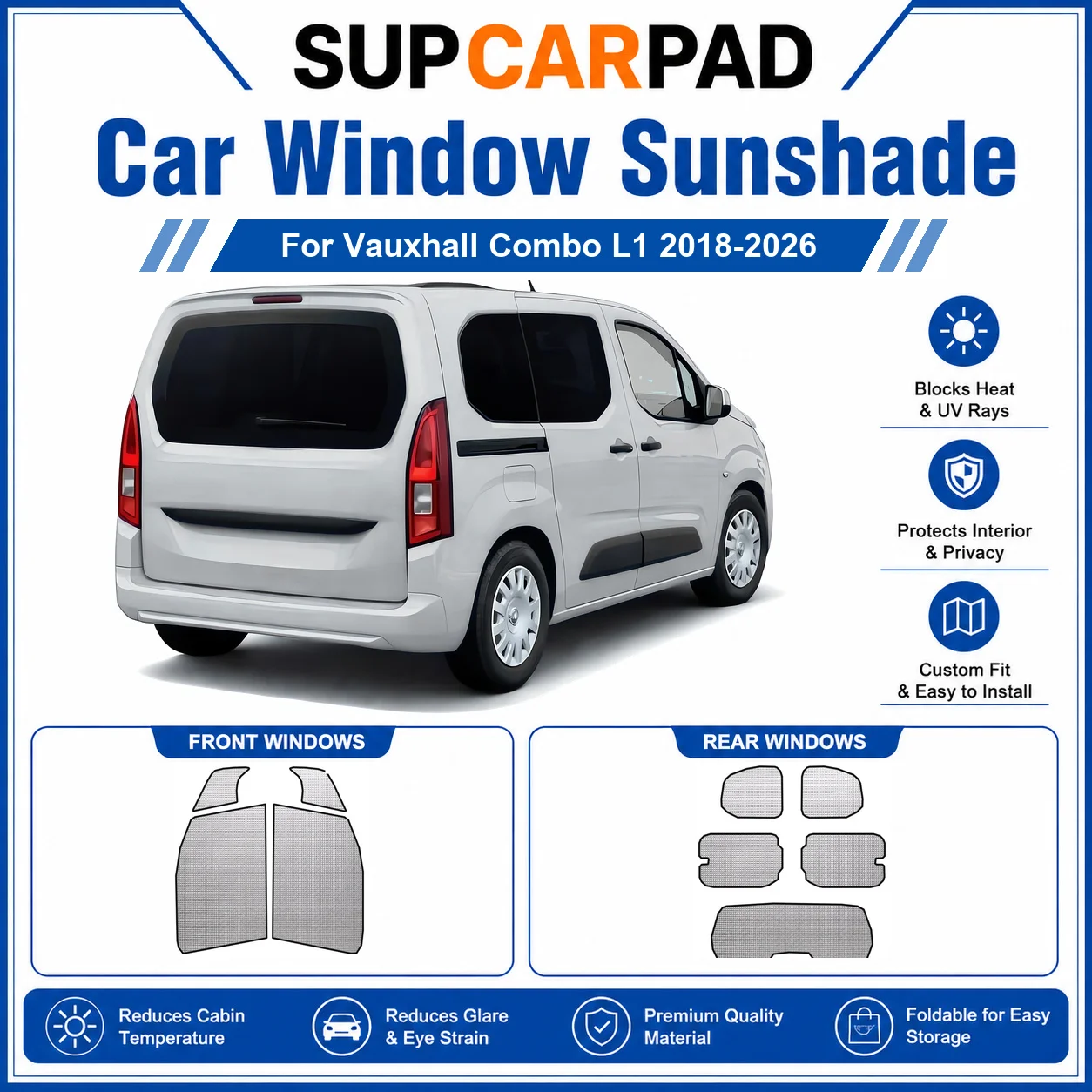 For Vauxhall - Vauxhall Combo L1 2018-2026 Full Set Car Window Sunshades UV Block Privacy Heat Insulated Foldable Car Curtain