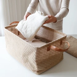 Jute Foldable Storage Basket Woven Storage Box Clothes Bins Cabinet Drawer Closet Organizer Sundries Toy Organizers Household