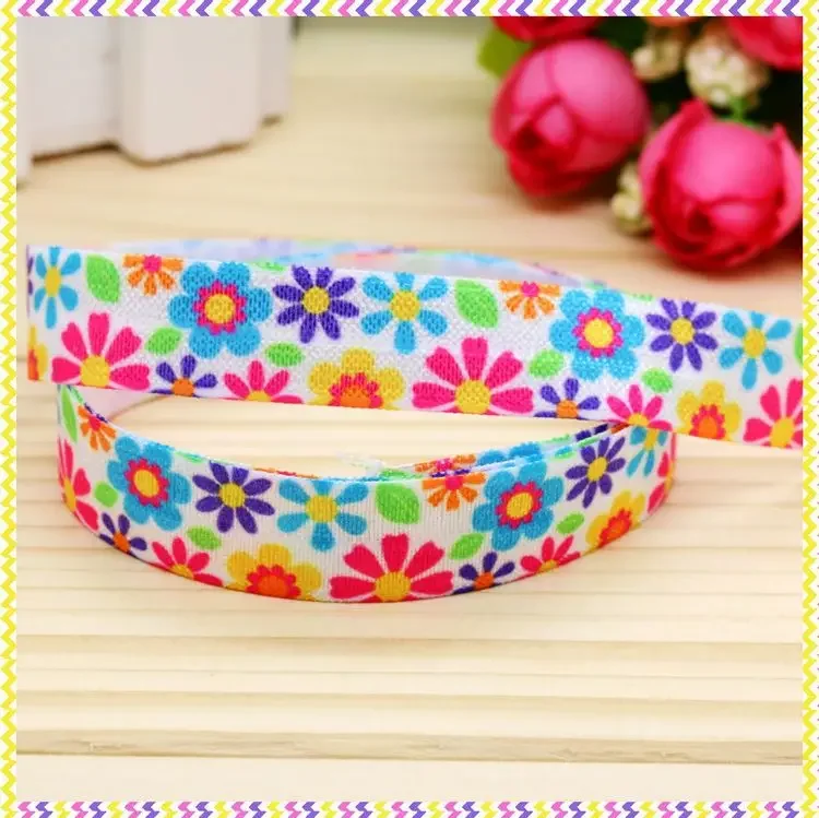 5/8''  Fold Elastic FOE Flowers Printed Headband Headwear Hairband Diy Decoration Sewing OEM P4658