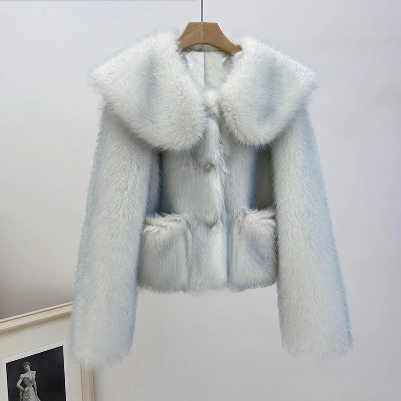 Korean Sweet Doll Collar Gradient Blue Imitation Fur Jacket Winter Women Single-breasted Long Sleeve Faux Fox Fur Coat Female