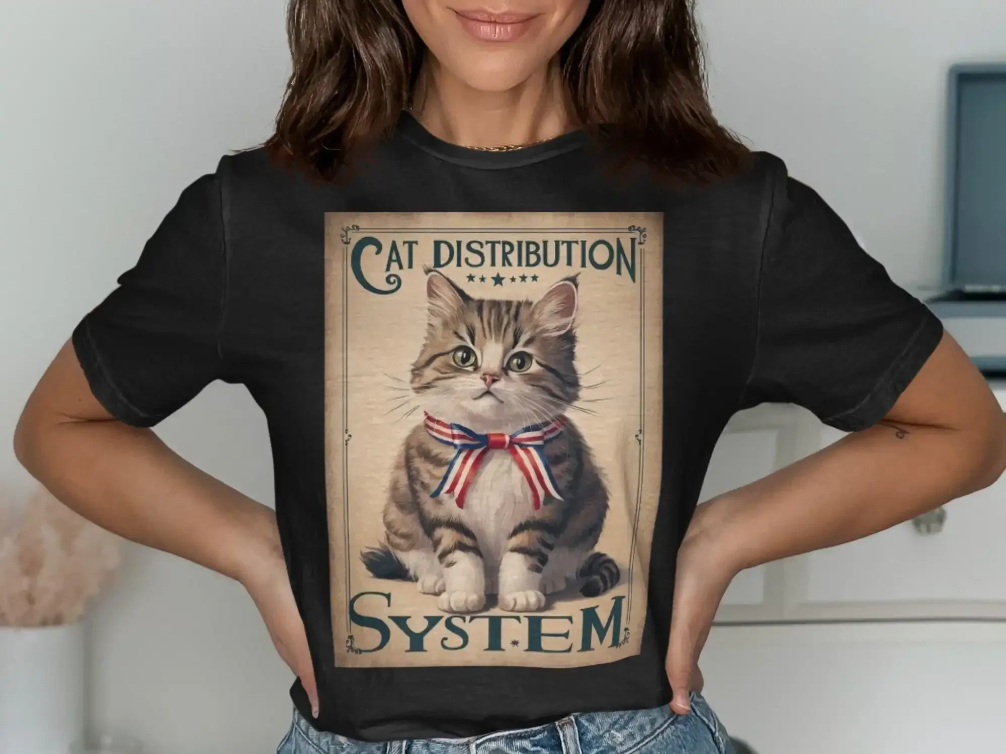 Cute Cat Distribution System T Shirt Vintage Design Funny Lovers Retro Style