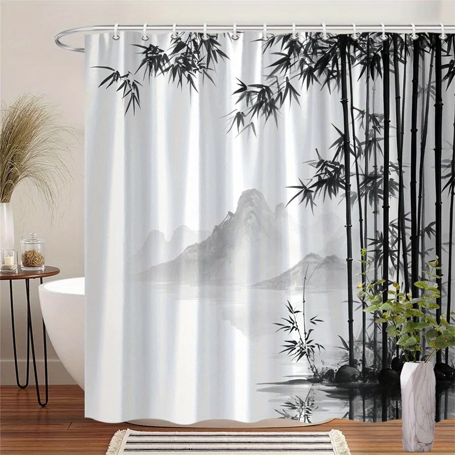 

1 шт. черно-белая бамбуковая занавеска для душа с рисунком лесного тумана, машинная стирка из полиэстера с крючками, украшение для ванной комнаты