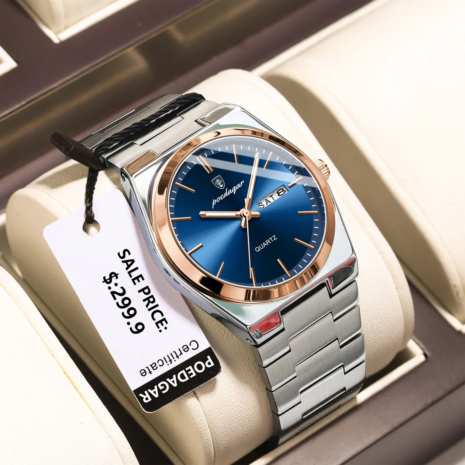 POEDAGAR Luxe herenhorloges Waterdicht Lichtgevende Datum Week Herenhorloge Roestvrij staal Casual Mode Quartz Man Polshorloge Reloj