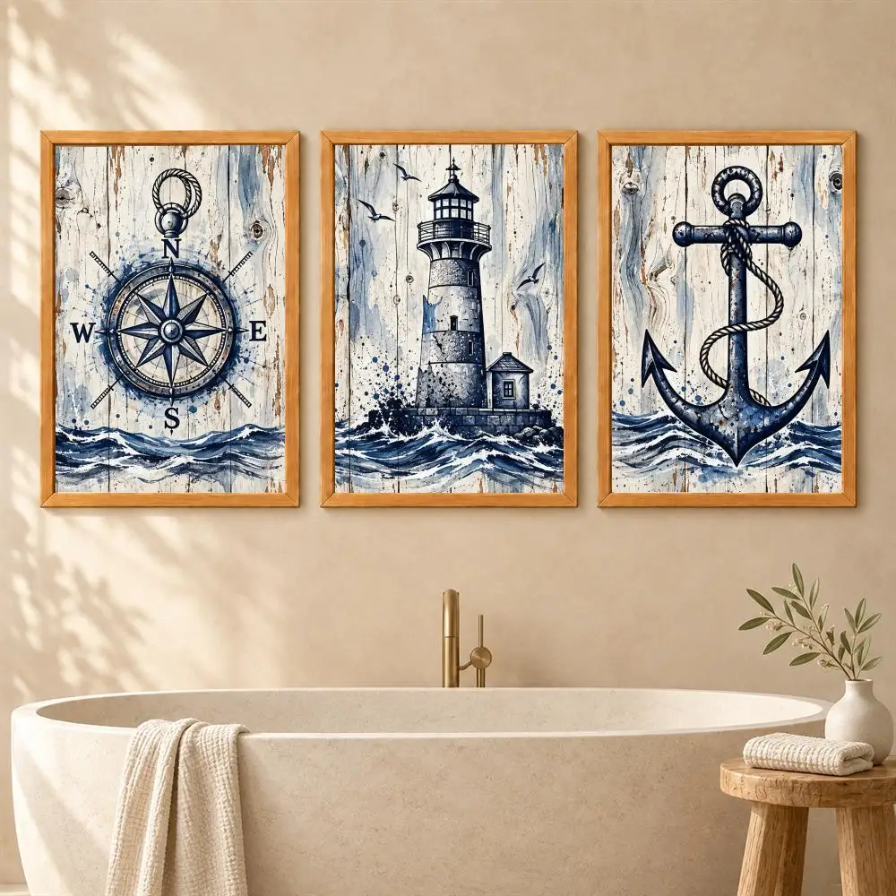 Nautical Anchor Ship Wheel Painting Calligraphy 3 Pieces Canvas Poster Set Wall Art for Bathroom Living Room Home Decor Gift