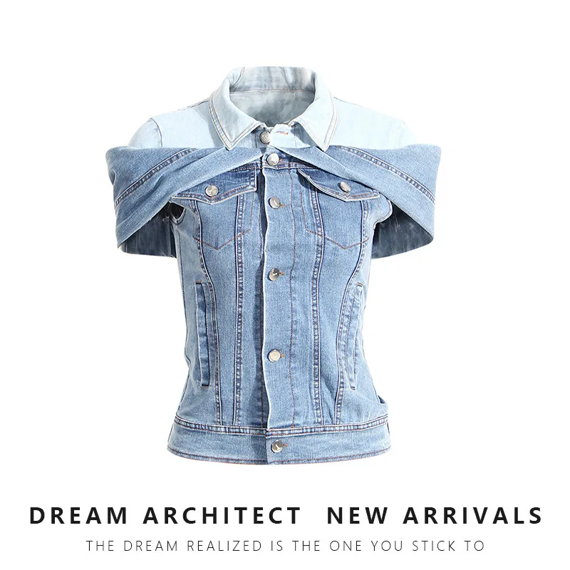 2025 Spring/Summer New Fashionable Color blocked Cowboy Shirt Look Thin Single breasted Personalized Design Fake Two Piece Set