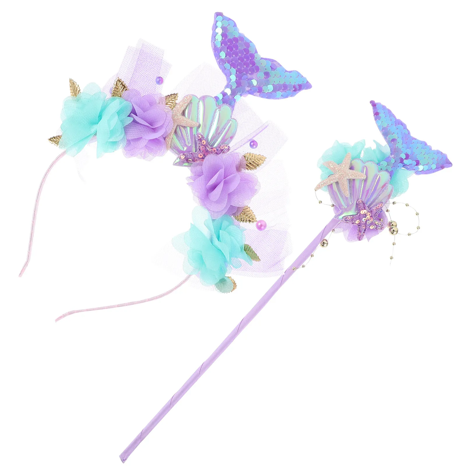 1Set Mermaid Headband Wand Cosplay Accessories Party Decoration Sequin Accessory Reusable Costume Wand