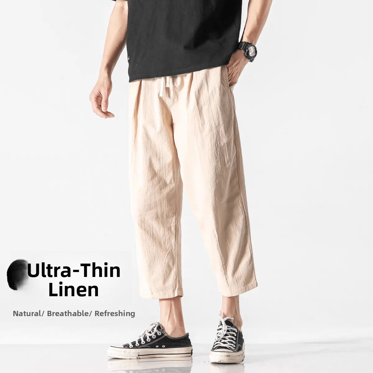 

Летние мужские тонкие прямые повседневные брюки из хлопка и льна с девятью точками, тонкие молодежные дышащие модные прямые брюки...