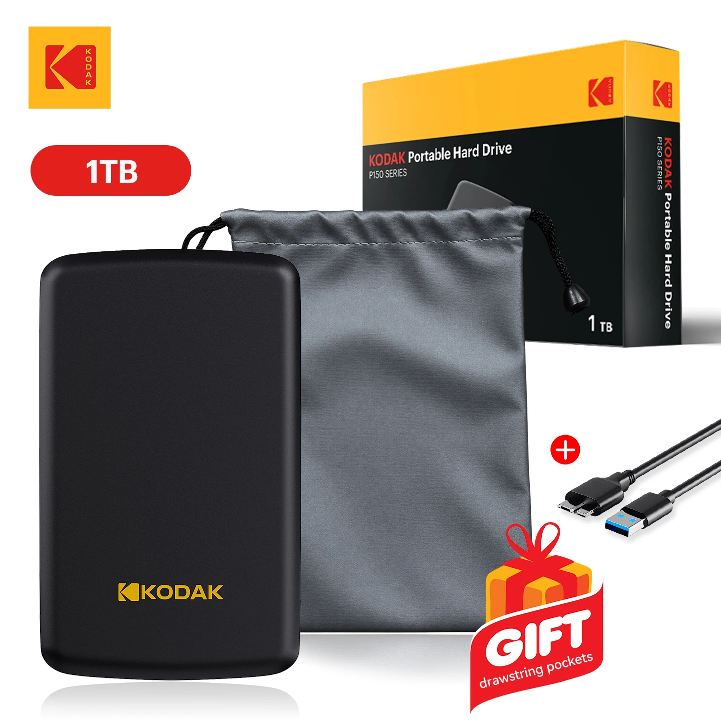 KODAK P150 Portable External HDD 500GB 1TB 2.5 Inch USB 3.0 5Gbps Hard Drive for PC Laptop PS4 PS5 with Free Case