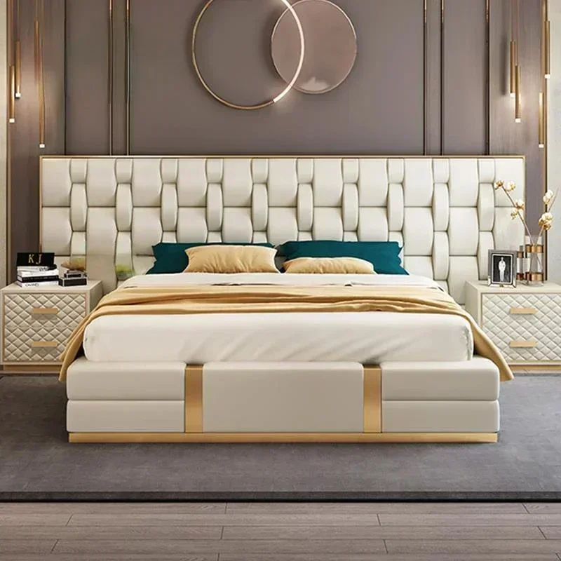 New Luxury Bed Big With Mattress Headboard Designer Bedroom Furniture Customized King/Queen Size Frame Leather High Quality  Bed