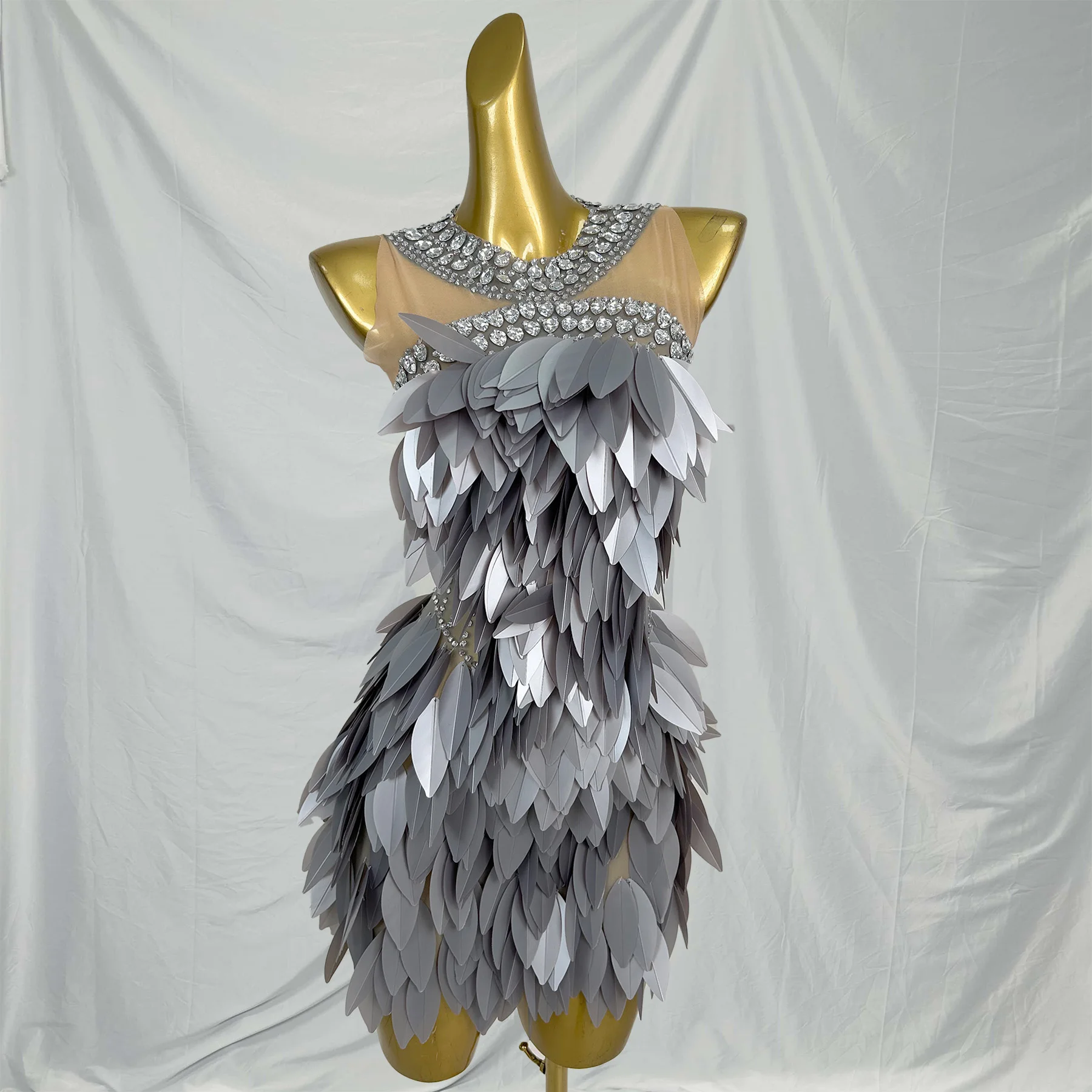 Sparkling Silver Sequin Leaves Night Club Mini Dress Women Rhinestone Banquet Party Bodycon Dress Dinner Gown Festival Outfit