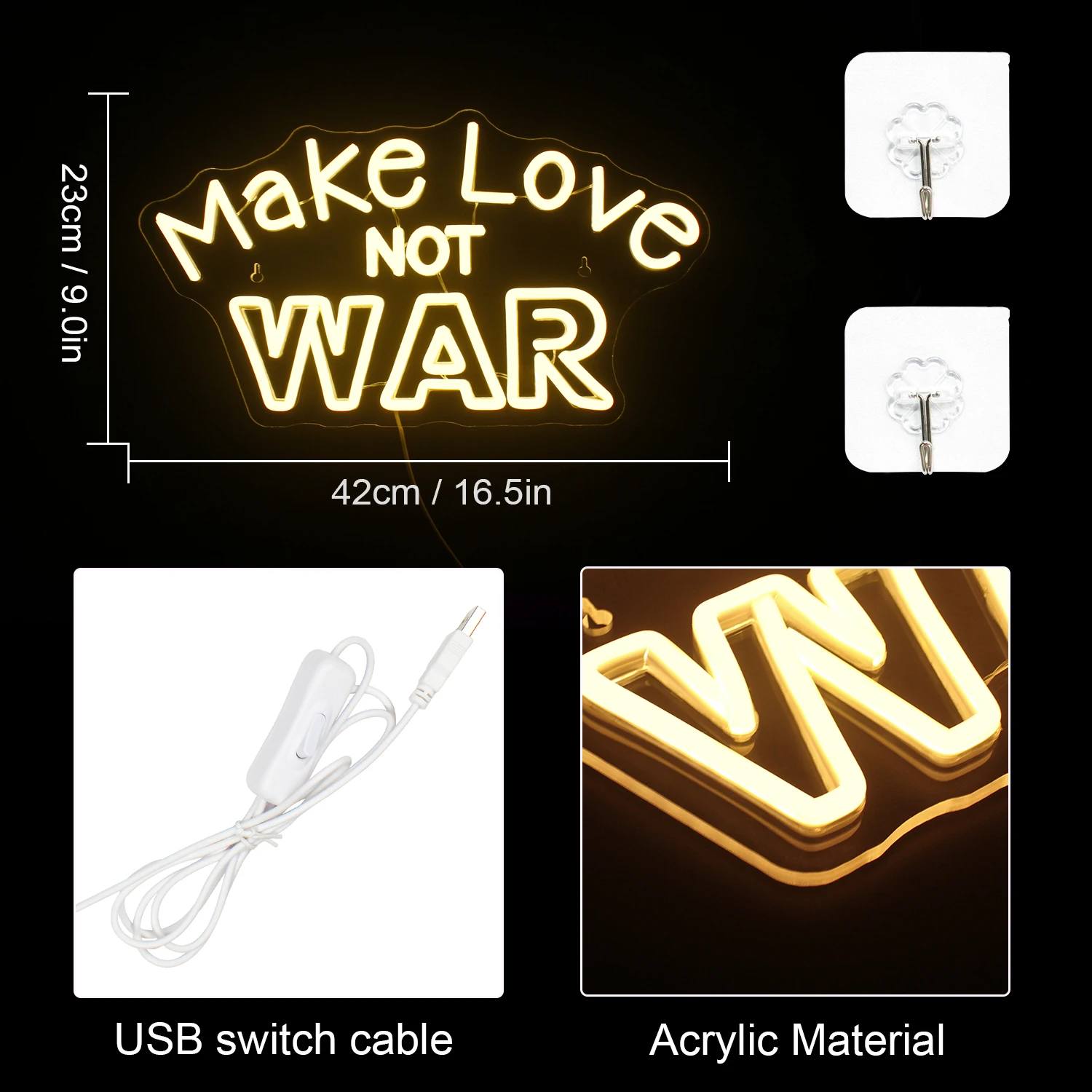 Make Love NOT WAR Neon Sign  LED Wall Decor USB for Shop Window Restaurant Bedroom Party LED Hanging Decor Warm White Neon Light