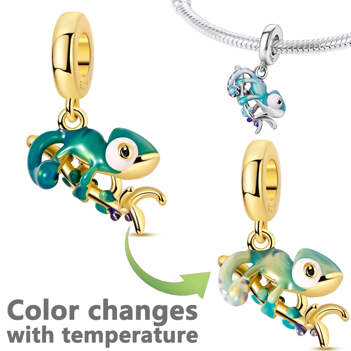 الحرباء اللون تغيير سحر المعلقات 925 فضة درجة الحرارة الحساسة لطيف الخرز المعدني سلسلة سوار مجوهرات هدية