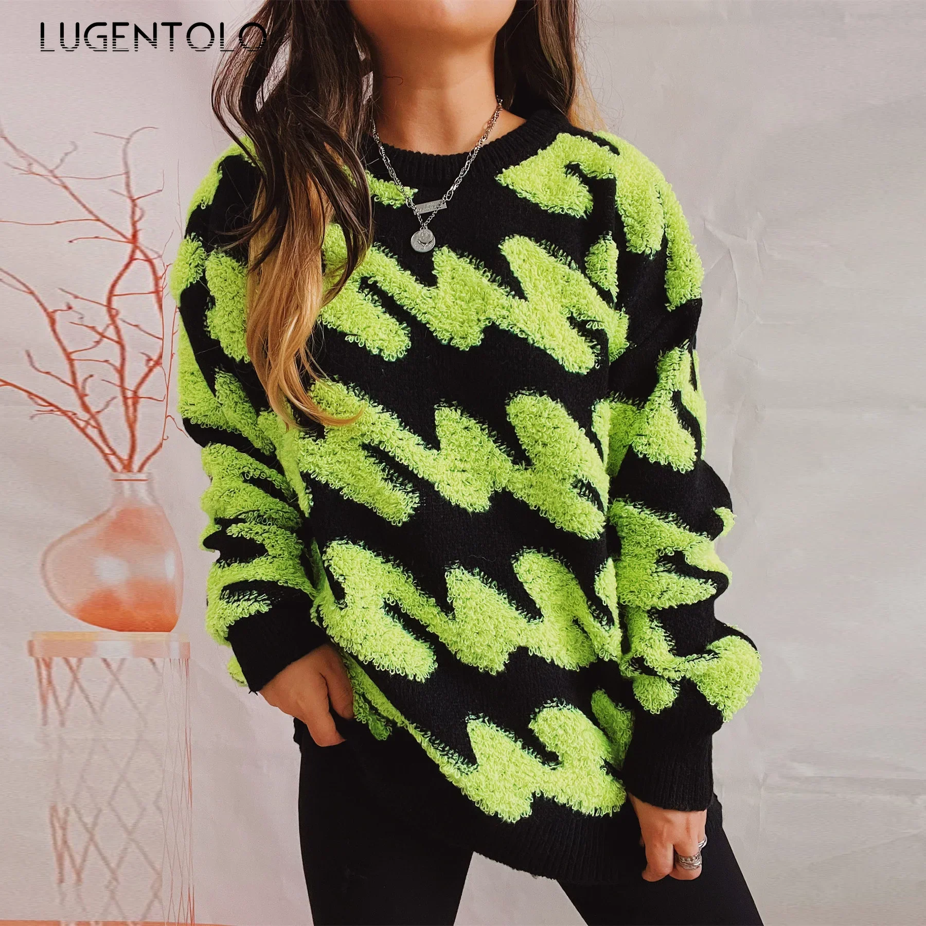 

Women Wavy Stripe Sweaters Thickened Flocking Autumn Winter Female New Loose Casual O-neck Pullover Clothing
