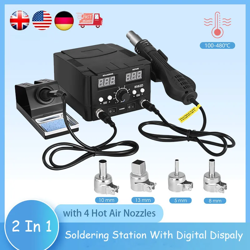 Digital Soldering Iron Rework Station Kit, SMD LED Digital Display for Hot Air Gun, 8582D, 750W, 2 in 1