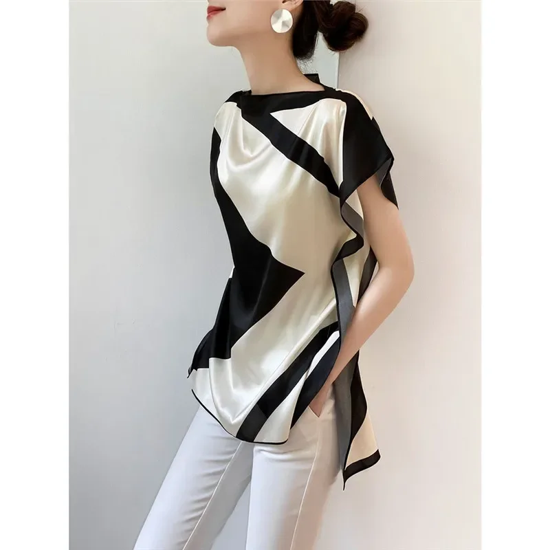 

New Fashion Satin Blouse Women Summer Elegant Contrast Color Slash Neck Casual Loose Office Lady Shirt Side Split Soft Top