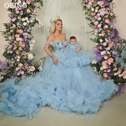 OEING Baby Blue Tulle Prom Dress Sweetheart Off The Shoulder Mother And Daughter Party Dresses Princess Photo Shoot Event Gowns